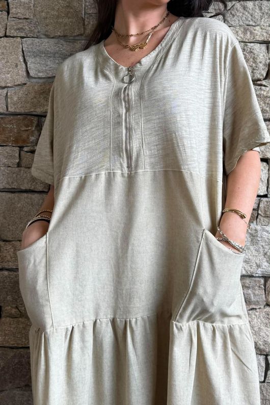 Rustic Nature Linen Blend Smock T Shirt Dress Washed Cedar